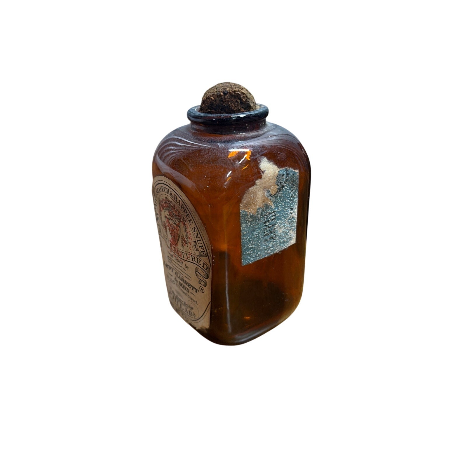 Vintage Levi Garrett & Sons Amber Snuff Bottle Jar Cork Scotch Rappee Empty