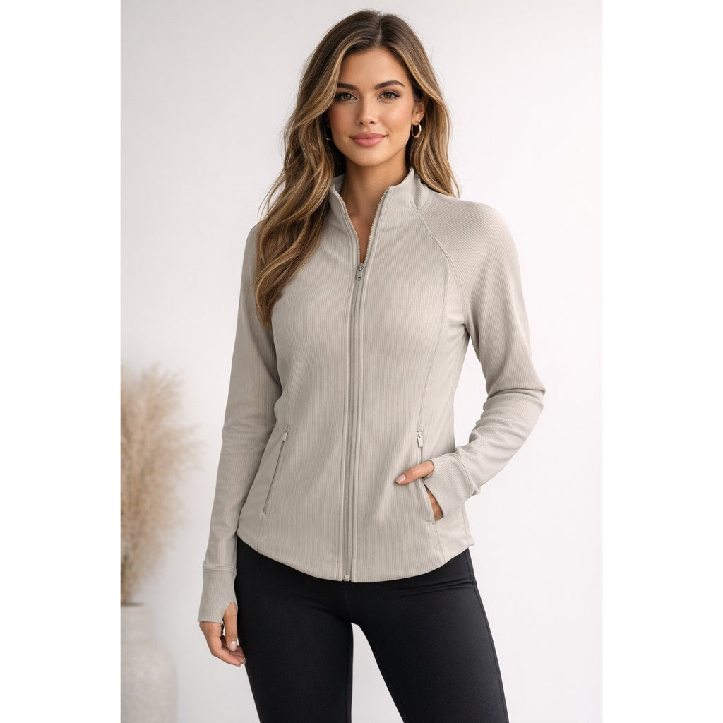 Athleta Salutation Jacket Beige Size M Full Zip Stretch Activewear