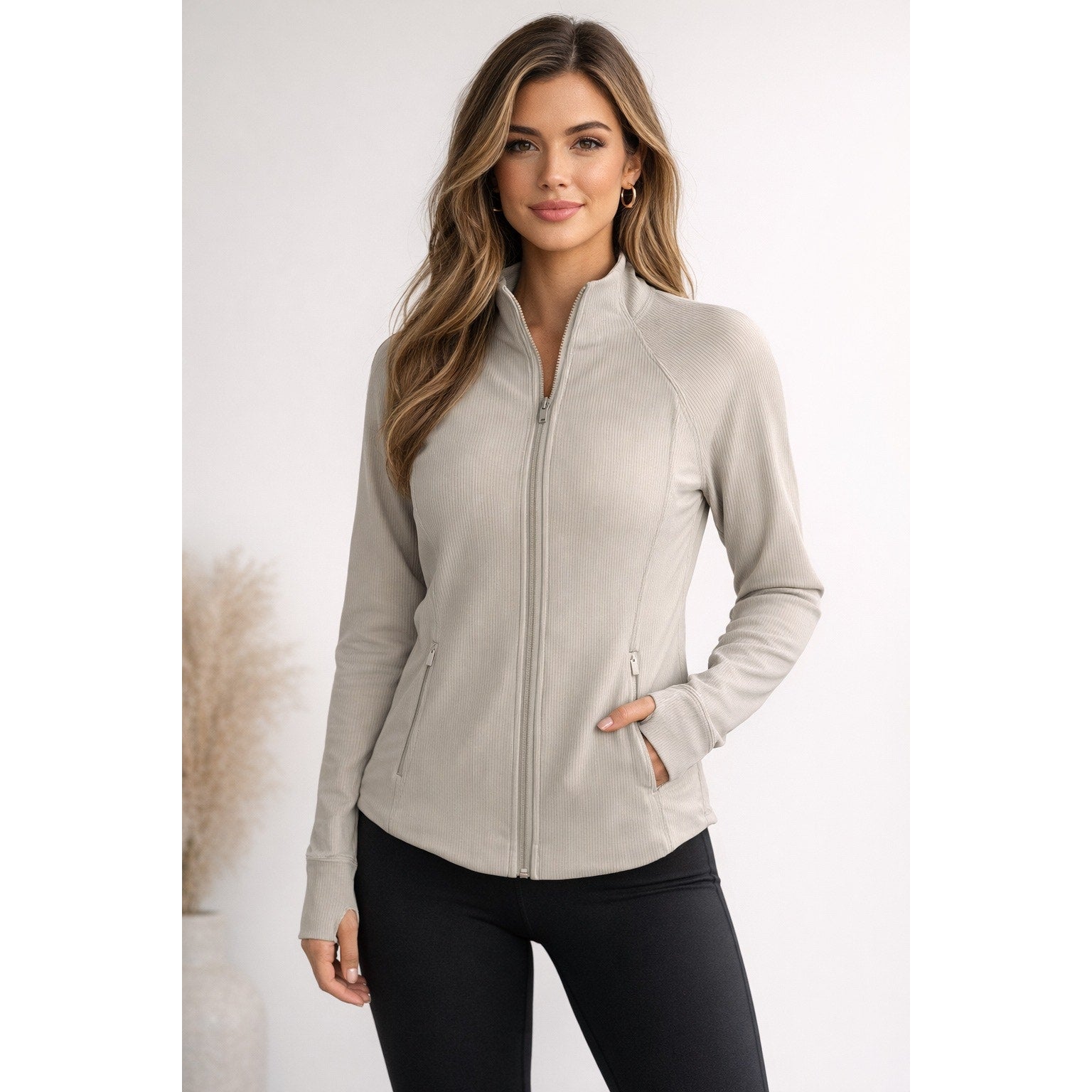 Athleta Salutation Jacket Beige Size M Full Zip Stretch Activewear