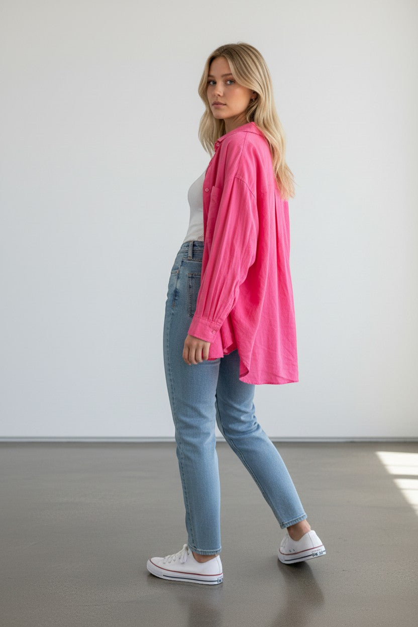 Pistola Pink Button Down Shirt Large Stretch Cotton Oversized