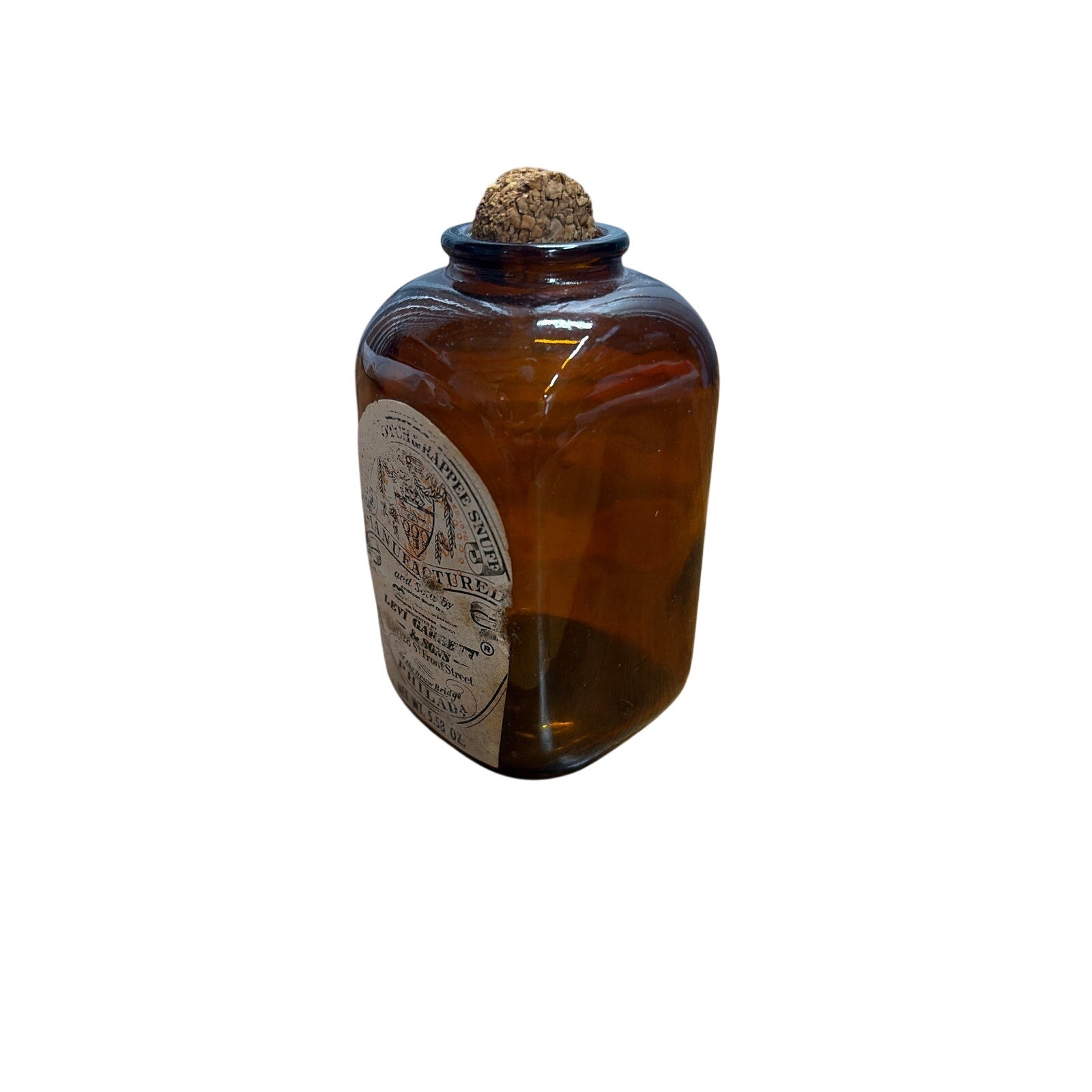 Vintage Levi Garrett & Sons Amber Snuff Bottle Jar Cork Scotch Rappee Empty