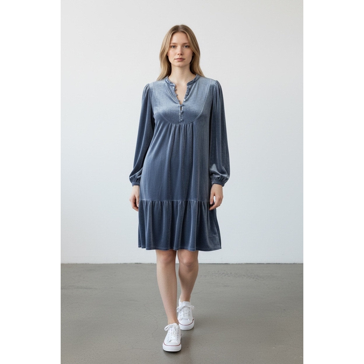 Wonderly Blue Velvet Tunic Dress Large Boho Romantic Effortless Airy